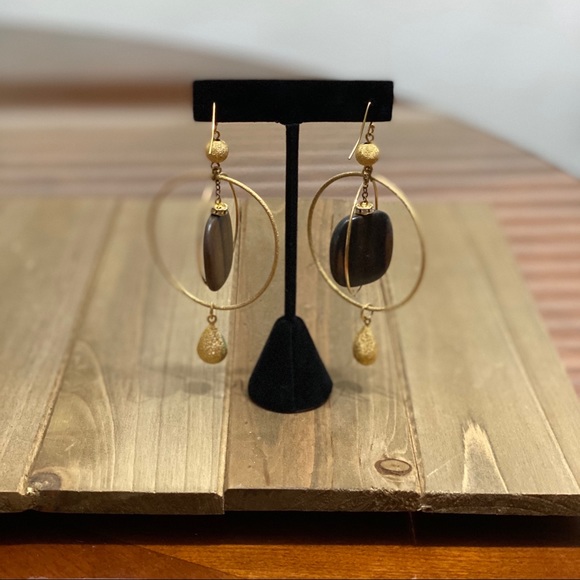 Gold Double Hoop Stone Drop Earrings - Picture 3 of 3